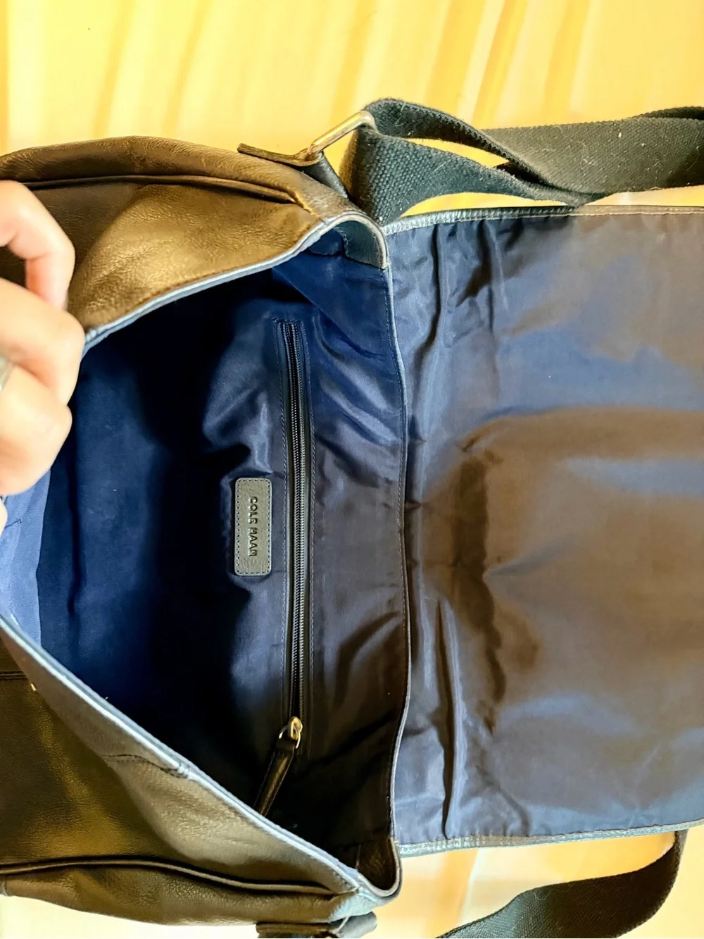 Cole Haan Black Leather Messenger Bag with Buckle Straps